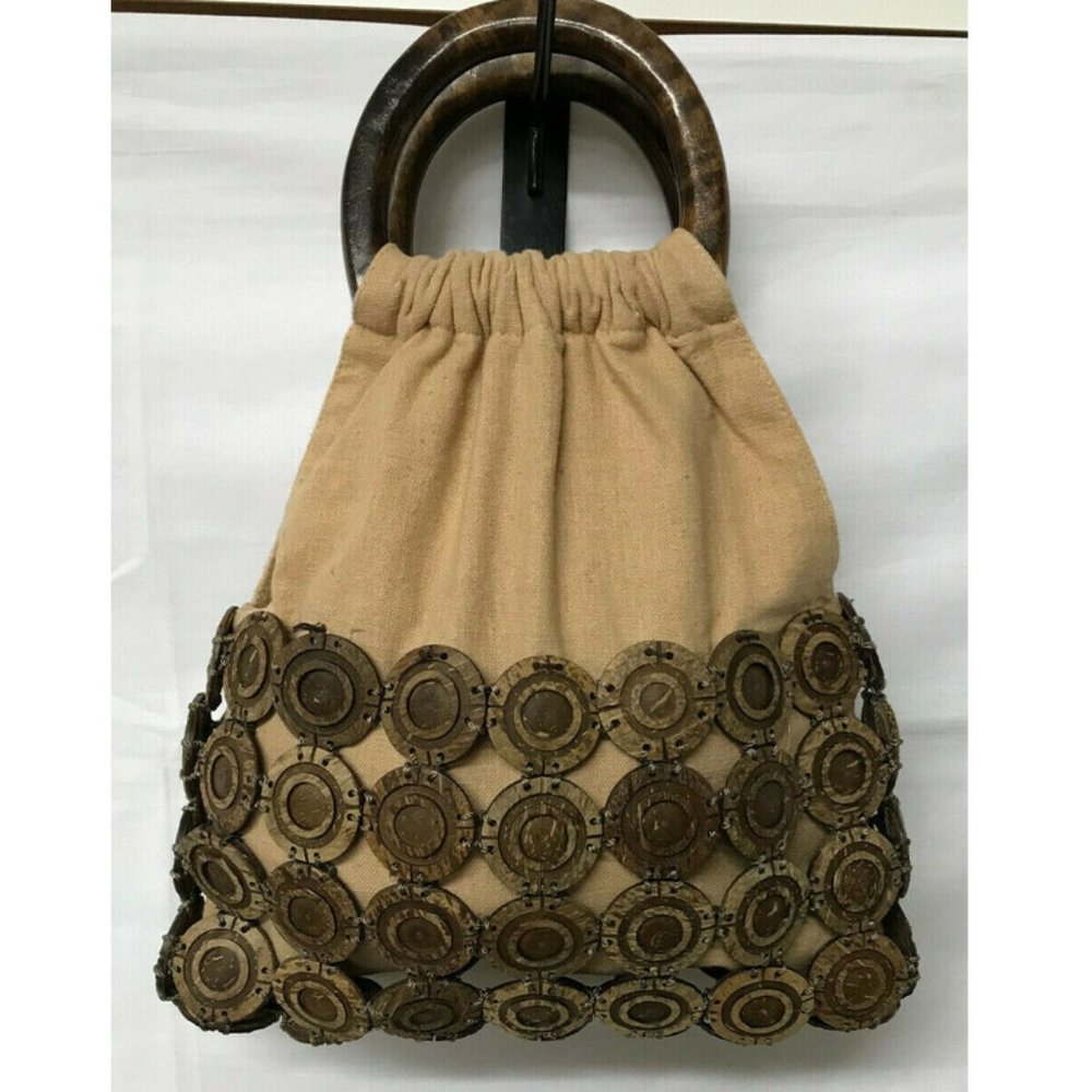 Boho Linen Fabric Handbag Purse with Wood Handles & Coconut Shell Bead Design